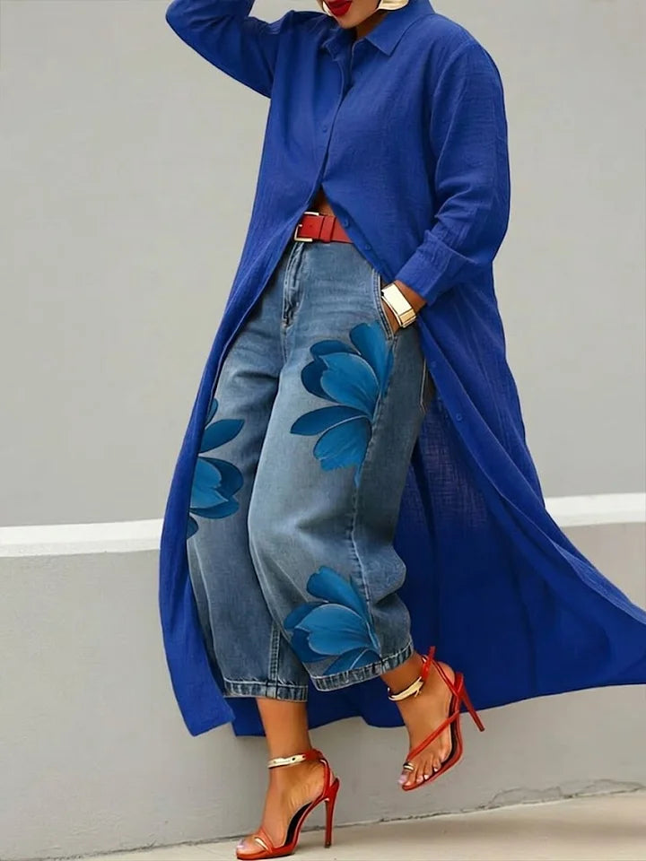 Maeve | Floral Linen Shirt Dress with Denim Accent