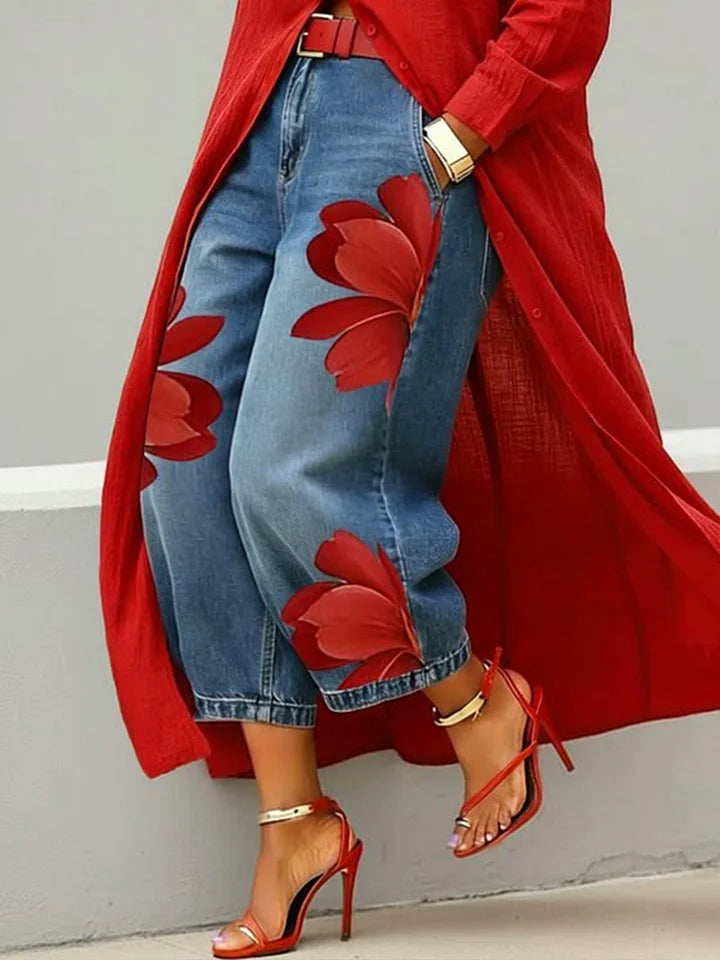 Maeve | Floral Linen Shirt Dress with Denim Accent