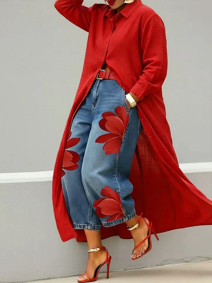 Maeve | Floral Linen Shirt Dress with Denim Accent
