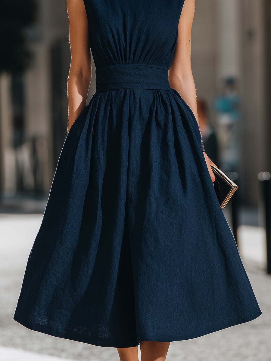 Madeline | Gathered Waist Sleeveless A-Line Midi Dress