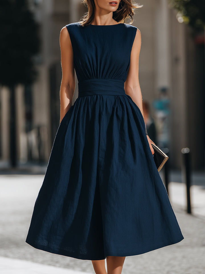 Madeline | Gathered Waist Sleeveless A-Line Midi Dress