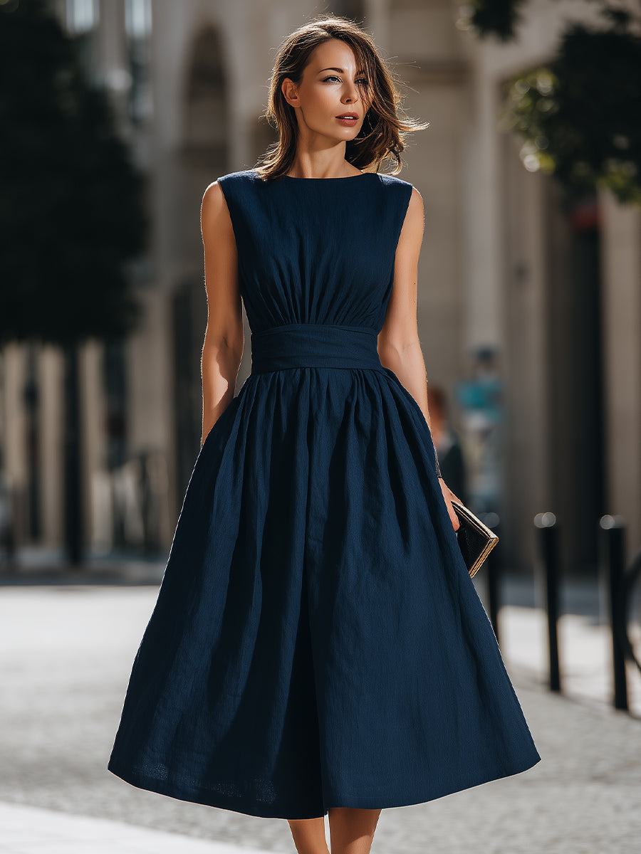 Madeline | Gathered Waist Sleeveless A-Line Midi Dress