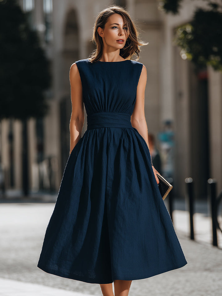 Madeline | Gathered Waist Sleeveless A-Line Midi Dress