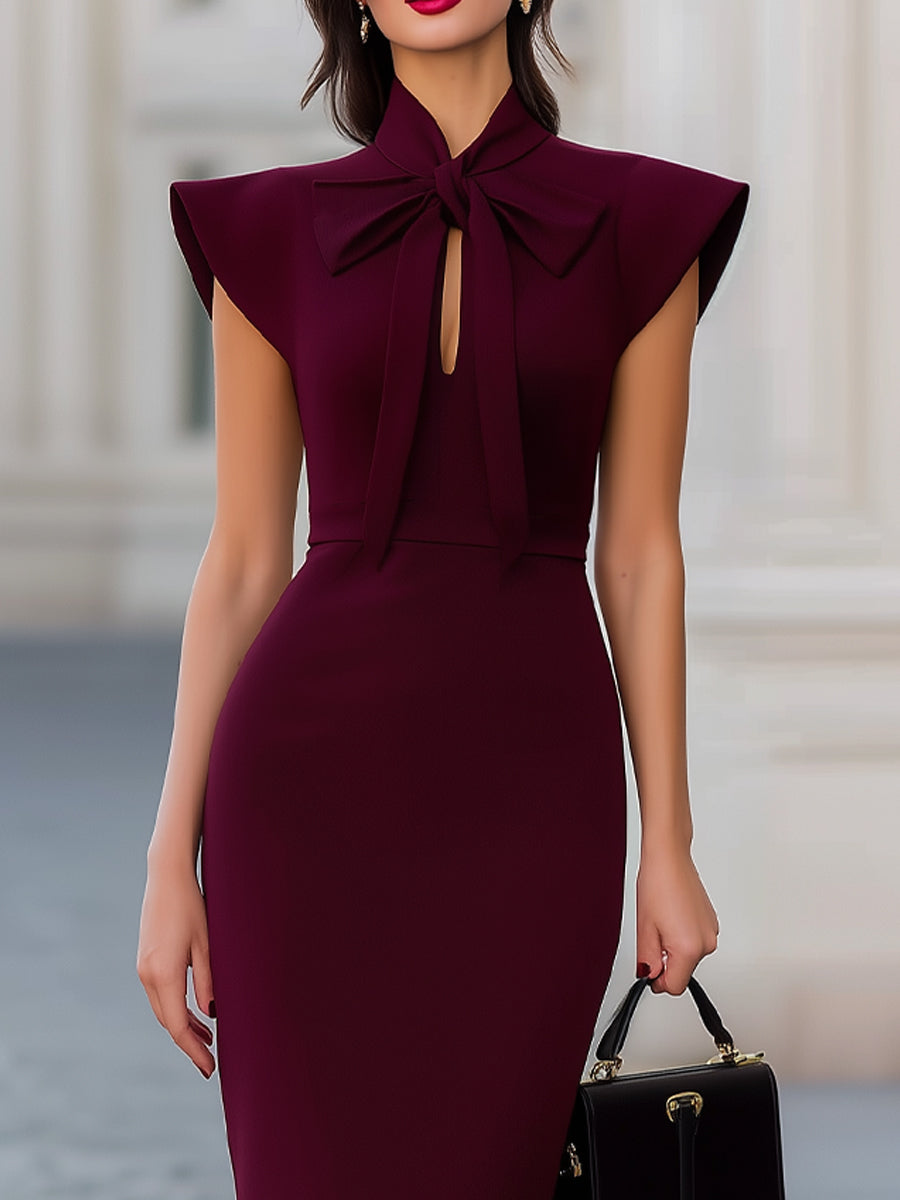 Erica | Burgundy Midi Dress with Ruffles on the Shoulders and Bow Tie