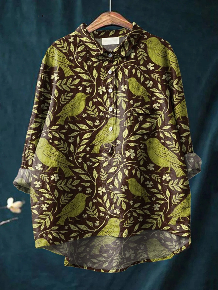 Victorya | Women's Vintage Floral Birds Art Print Casual Shirt