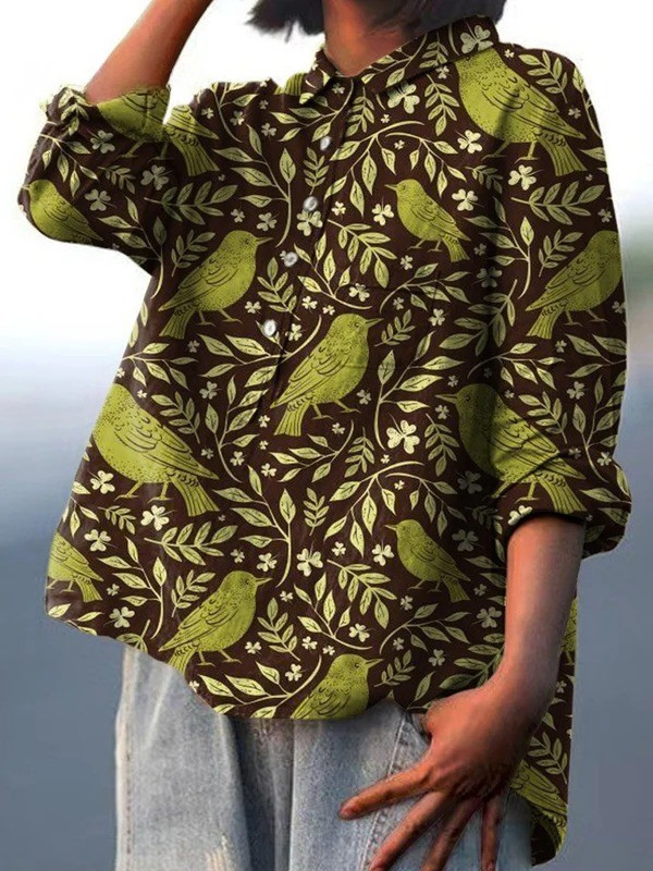 Victorya | Women's Vintage Floral Birds Art Print Casual Shirt