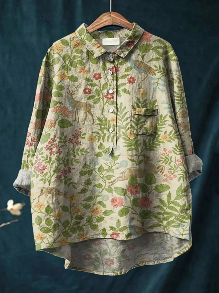 Georgina | Women's Vintage Floral Animals Art Print Casual Shirt