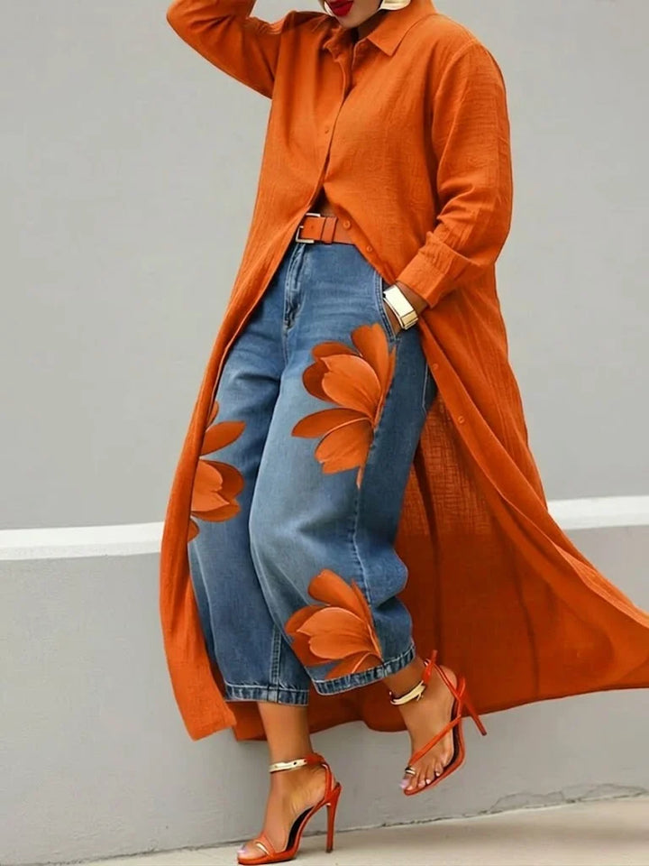 Maeve | Floral Linen Shirt Dress with Denim Accent