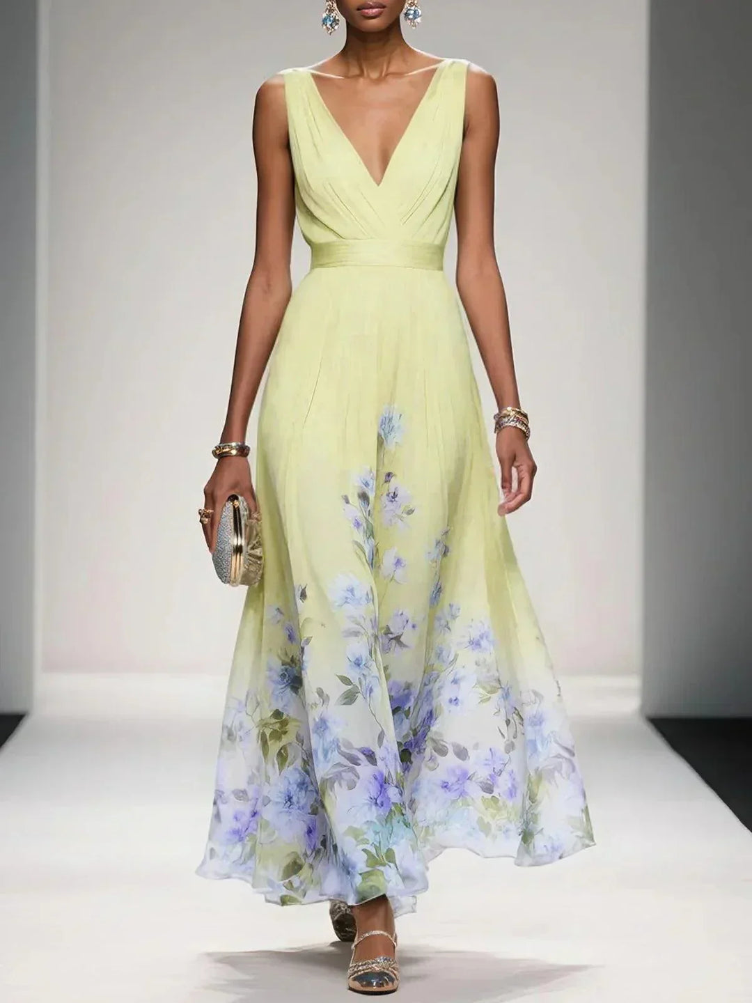 Rose | Light Blue Maxi Chiffon Dress with V-Neck
