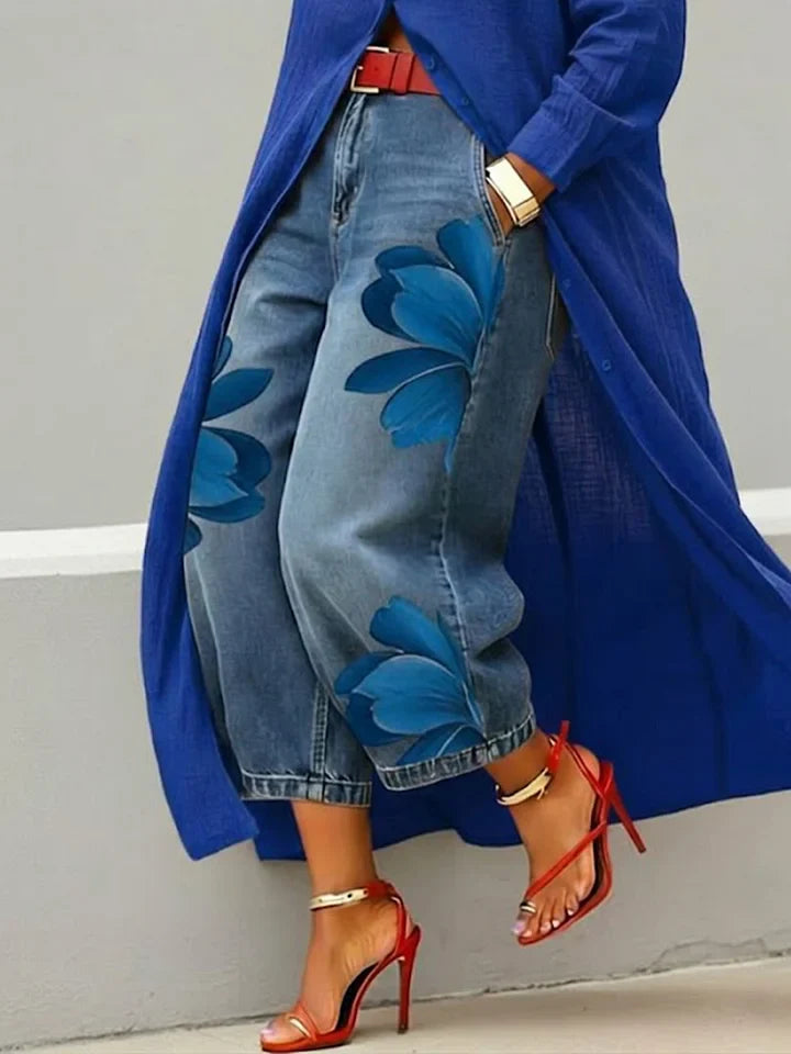 Maeve | Floral Linen Shirt Dress with Denim Accent
