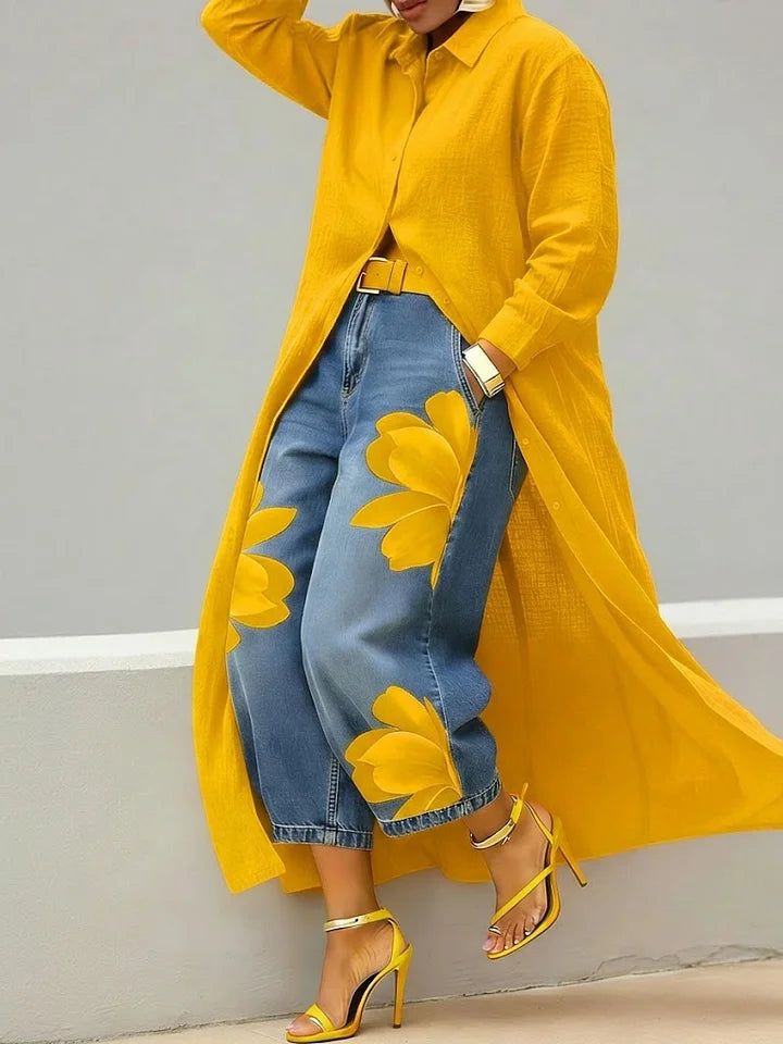 Maeve | Floral Linen Shirt Dress with Denim Accent