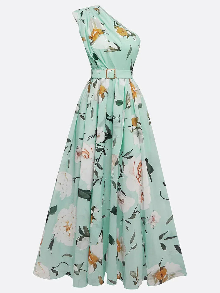 Anna | Light Green Maxi Floral Dress with One Shoulder