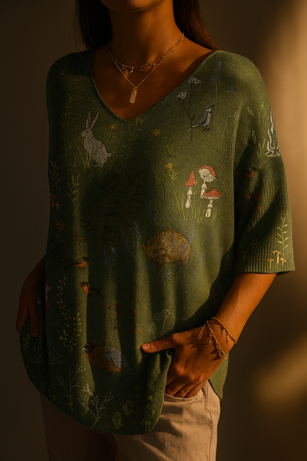 Caroline | Woodland and Animals Repeat Pattern Printed Women's Casual Pullover Knit