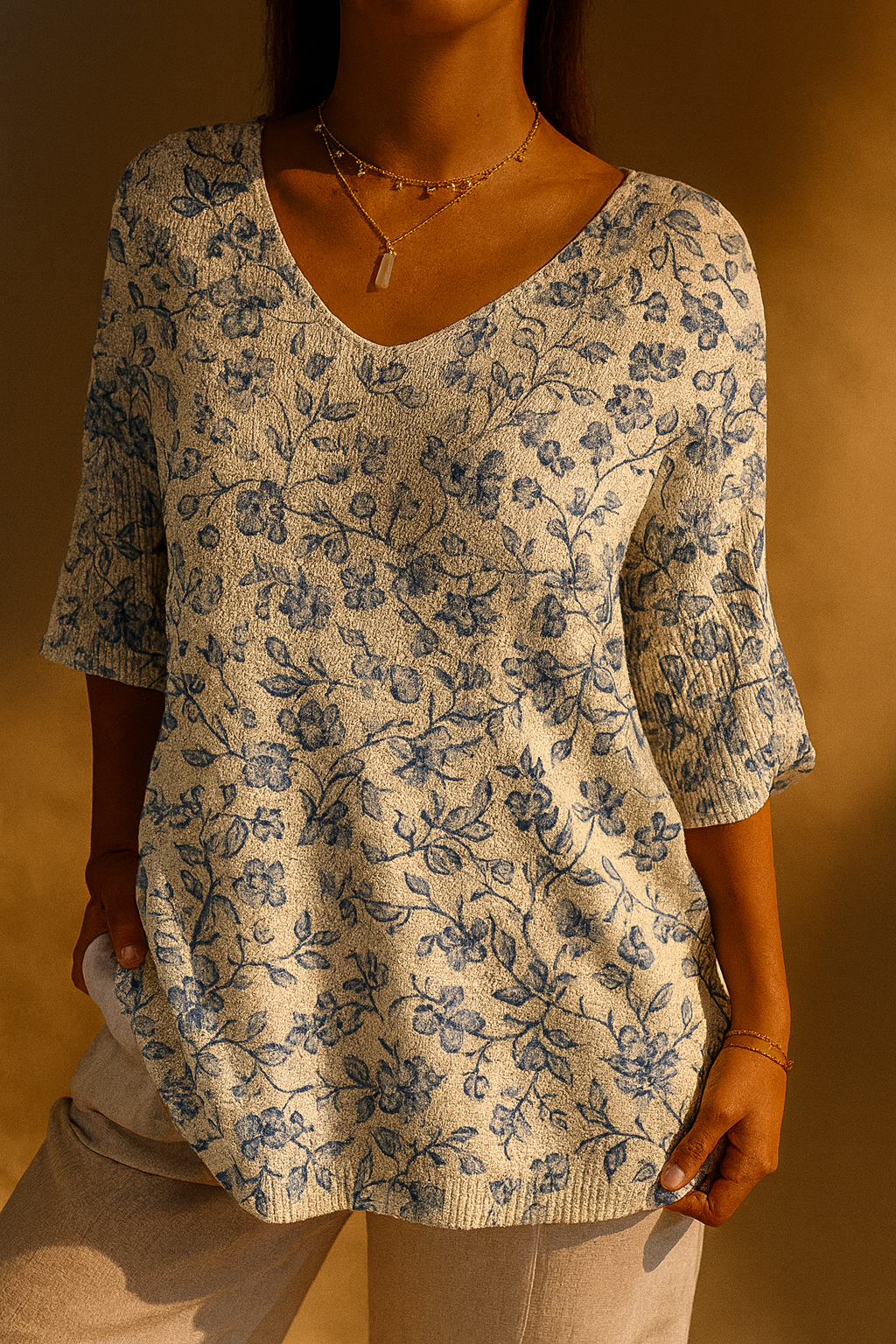 Deborah | Women's Small Blue Flowers Print Casual Pullover Knit