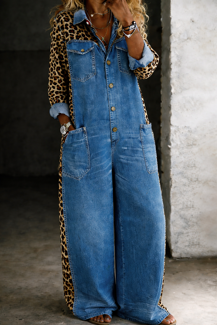 Amanda | Leopard Contrast Wide-Leg Denim Jumpsuit