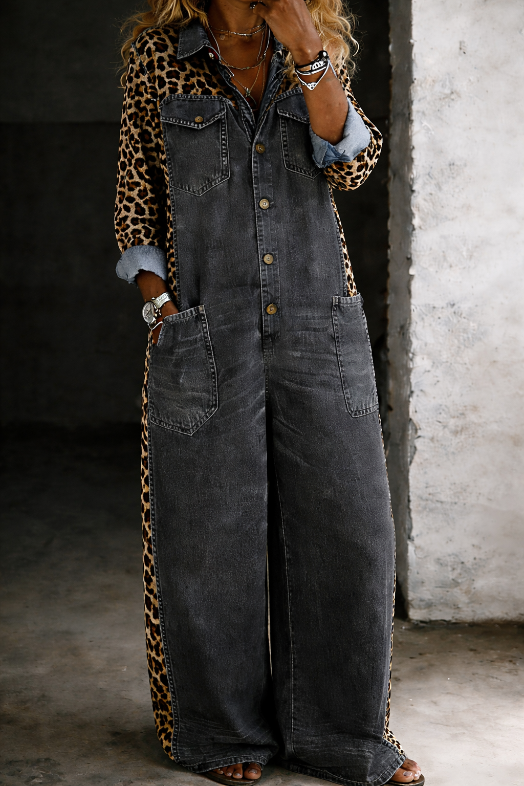 Amanda | Leopard Contrast Wide-Leg Denim Jumpsuit