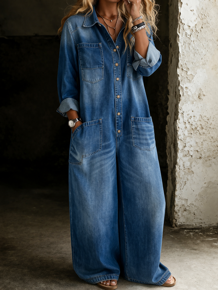 Monroe | Relaxed Wide-Leg Utility Denim Jumpsuit