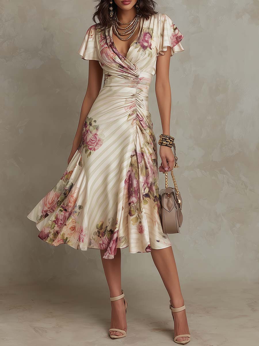 Harper | Elegant Floral Ruched Wrap Midi Dress