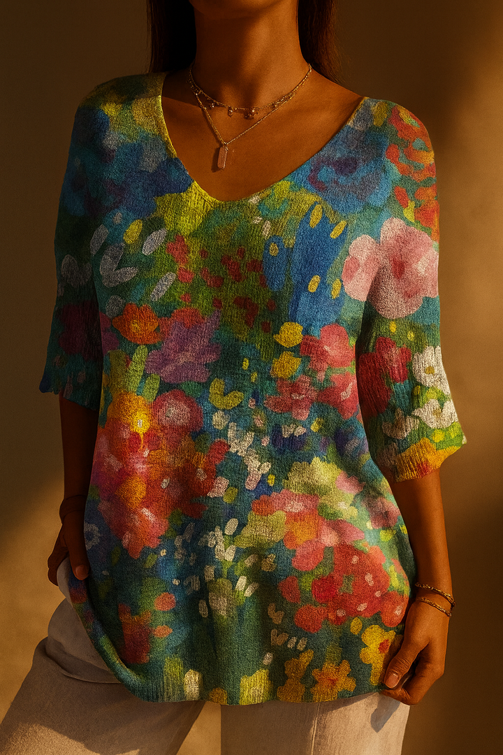 Cecilia | Women's Vintage Lovely Floral Art Print Casual Pullover Knit