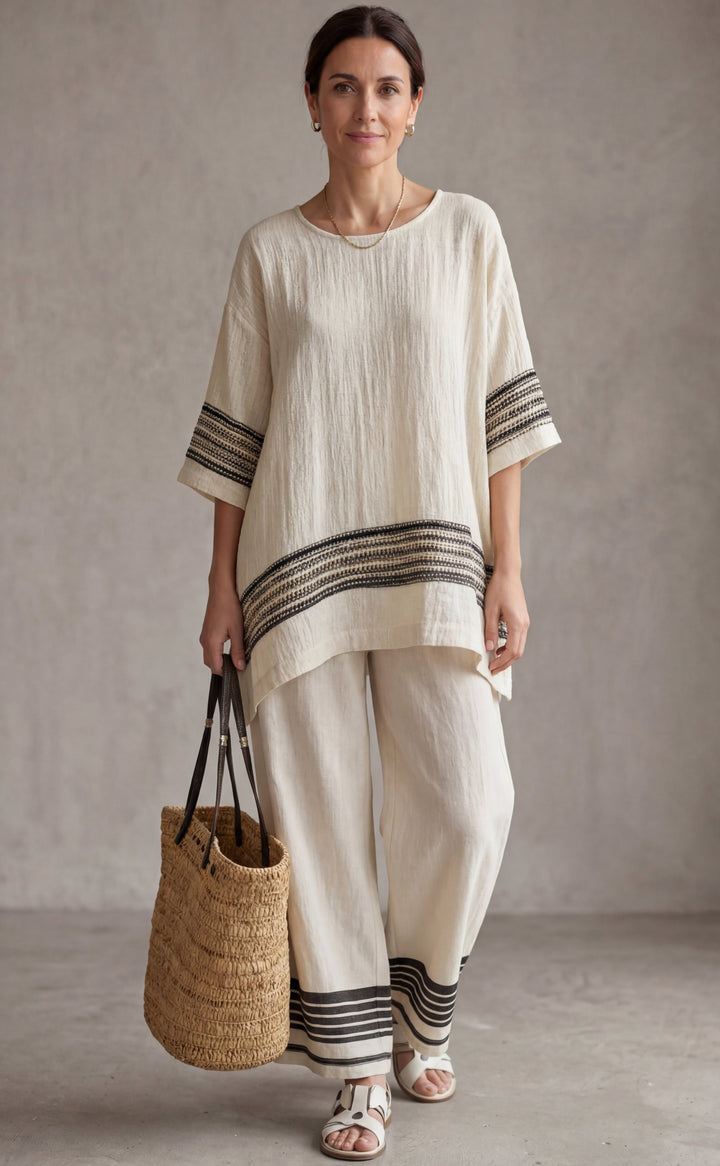 Mariella | Elegant Linen Top with Black Stripes and Flowy Pants