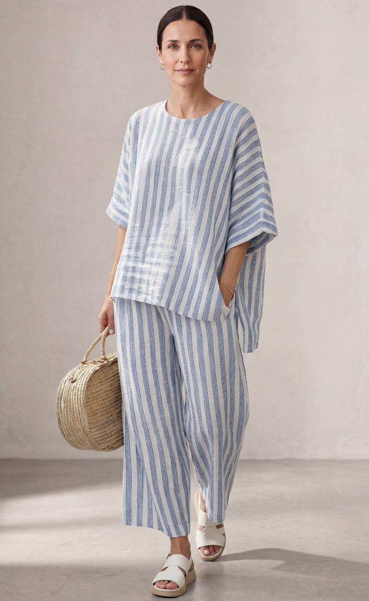 Federica | Sophisticated Linen Top with Blue Stripes and Relaxed Pants