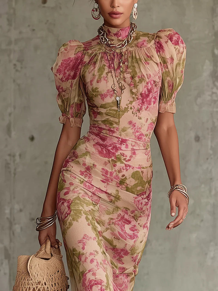 Zoey  | Maxi dress in Vintage Pink with Puff Sleeves