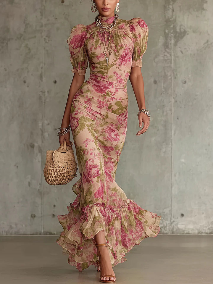 Zoey  | Maxi dress in Vintage Pink with Puff Sleeves