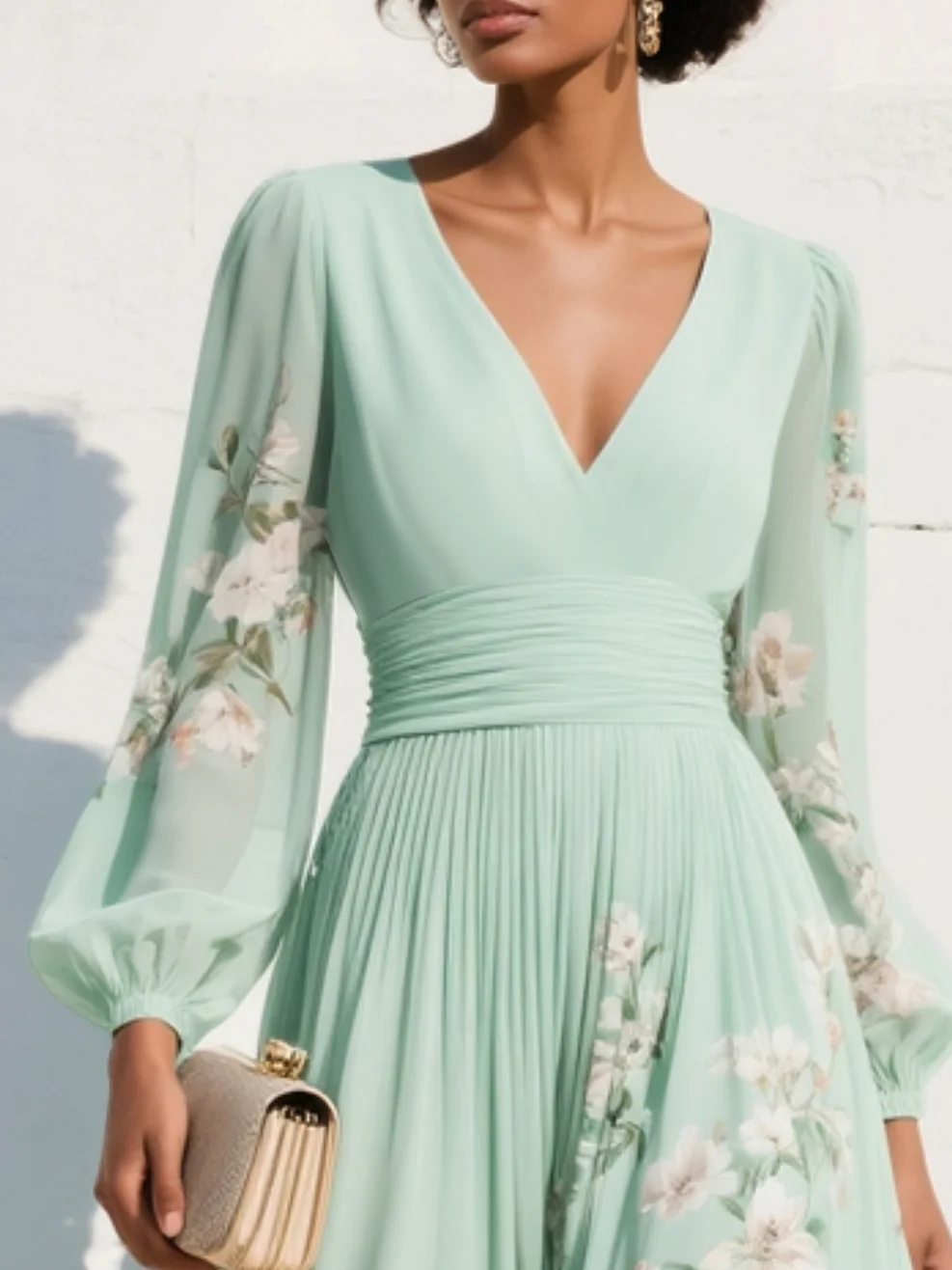 Lucy | Light Green Midi Dress with Pleated V-Neck in Chiffon