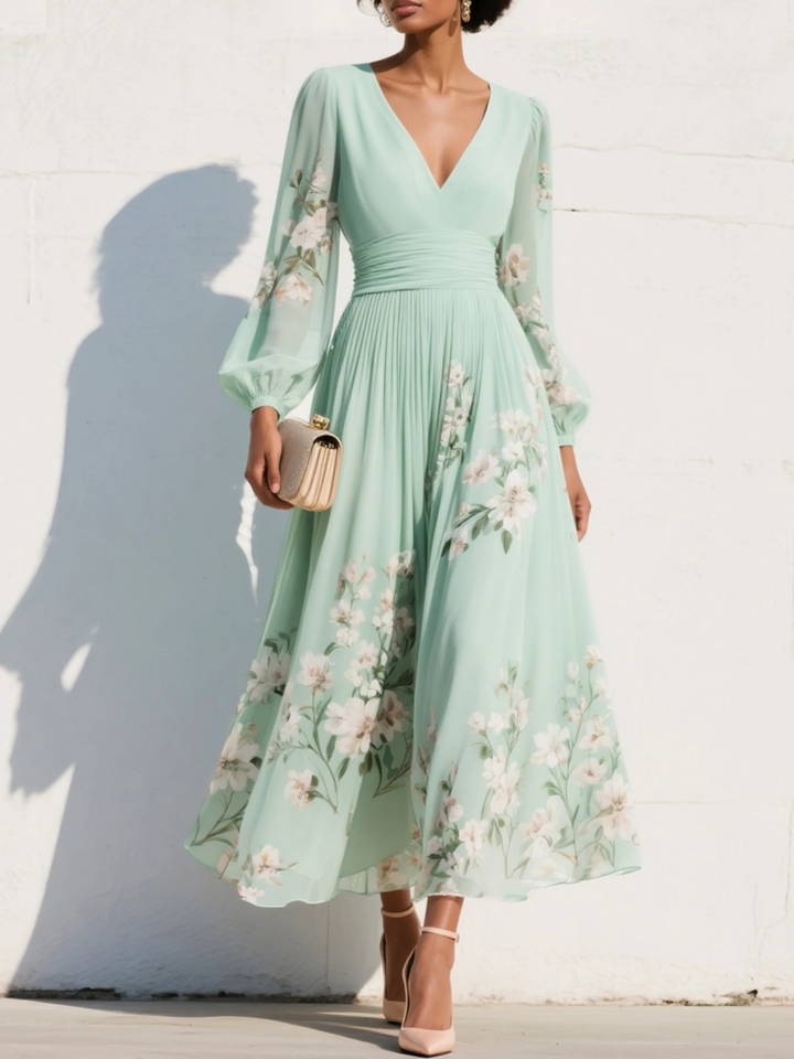 Lauren | Maxi Pleated Chiffon Dress In Mint Green with Floral Print
