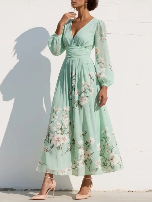 Lauren | Maxi Pleated Chiffon Dress In Mint Green with Floral Print