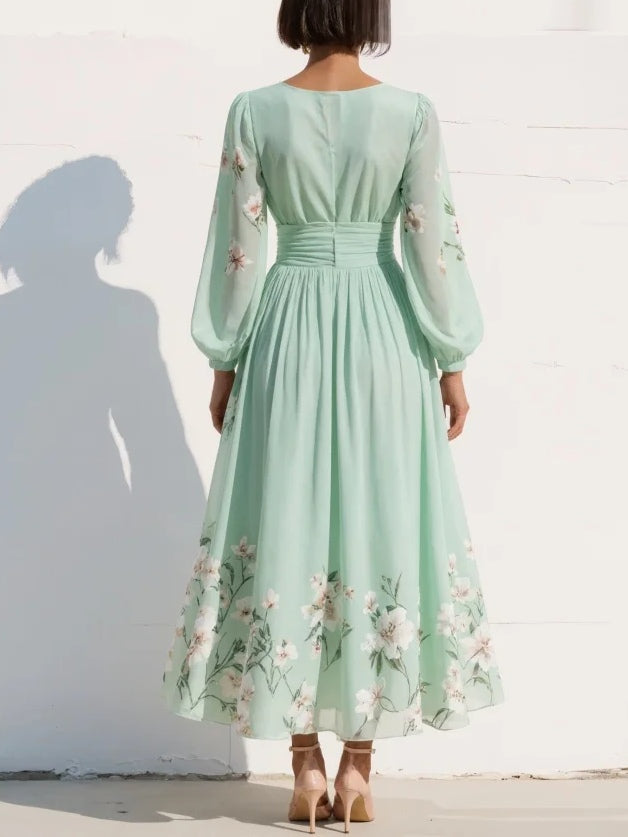 Lucy | Light Green Midi Dress with Pleated V-Neck in Chiffon