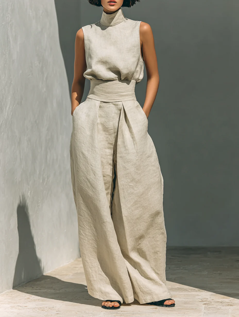 Olivia | Relaxed Beige Sleeveless Wide-Leg Co-Ord Set