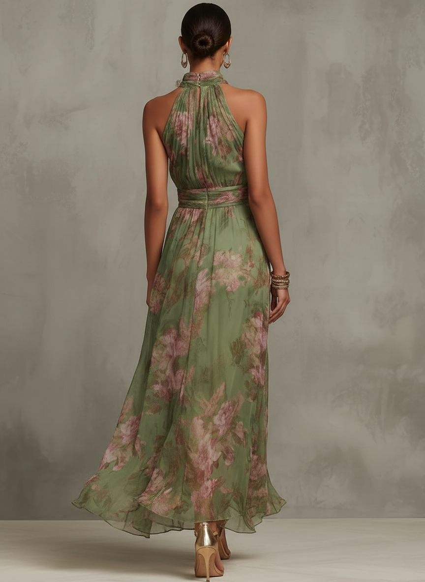 Emilia | Green Chiffon Maxi Dress with Floral Print and Straps