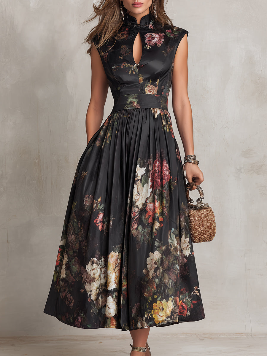 Patricia | Black Satin Midi Dress with Floral Pattern and Pleating