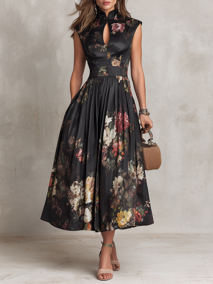 Hannah | Black Midi Dress in Pleated Satin With Floral Pattern and Keyhole Neckline