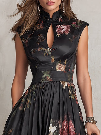 Patricia | Black Satin Midi Dress with Floral Pattern and Pleating