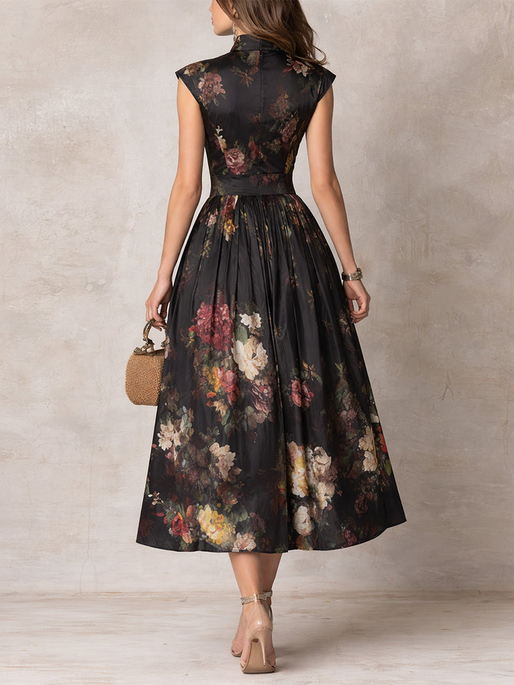 Patricia | Black Satin Midi Dress with Floral Pattern and Pleating