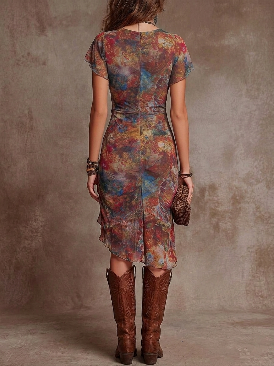 Amelia | Midi Pleated Dress with V-Neck, Abstract Art Print in Bohemian Style