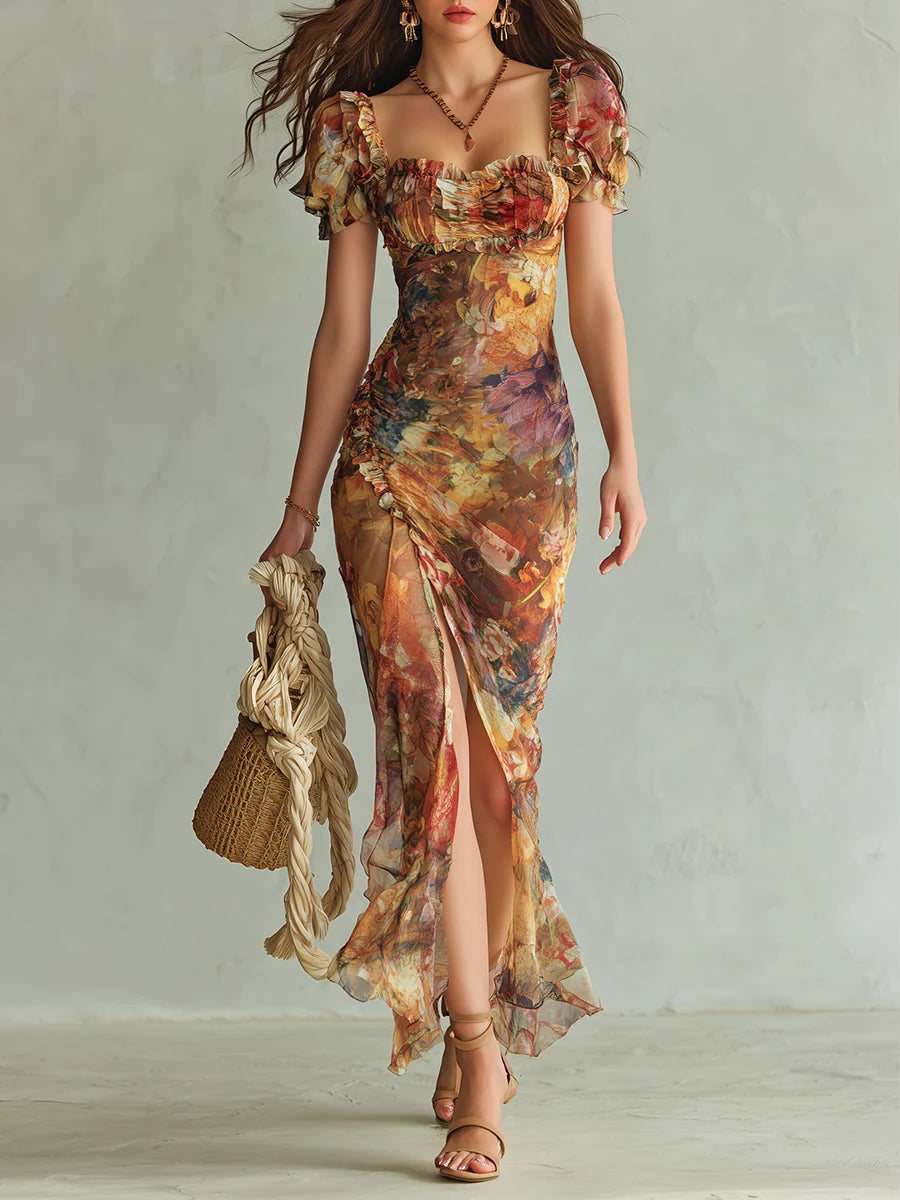 Lily | Long Orange Chiffon Dress With Bohemian-style Oil Painting Print
