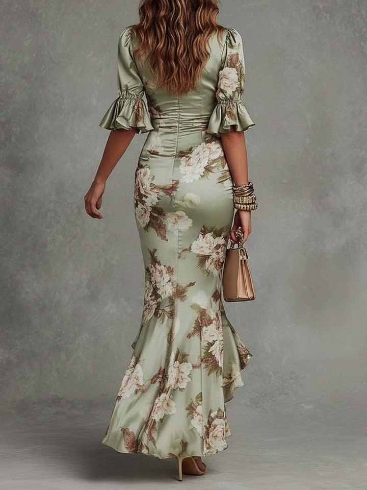 Natalie | Asymmetrical Long Dress In Green Satin With V-neck