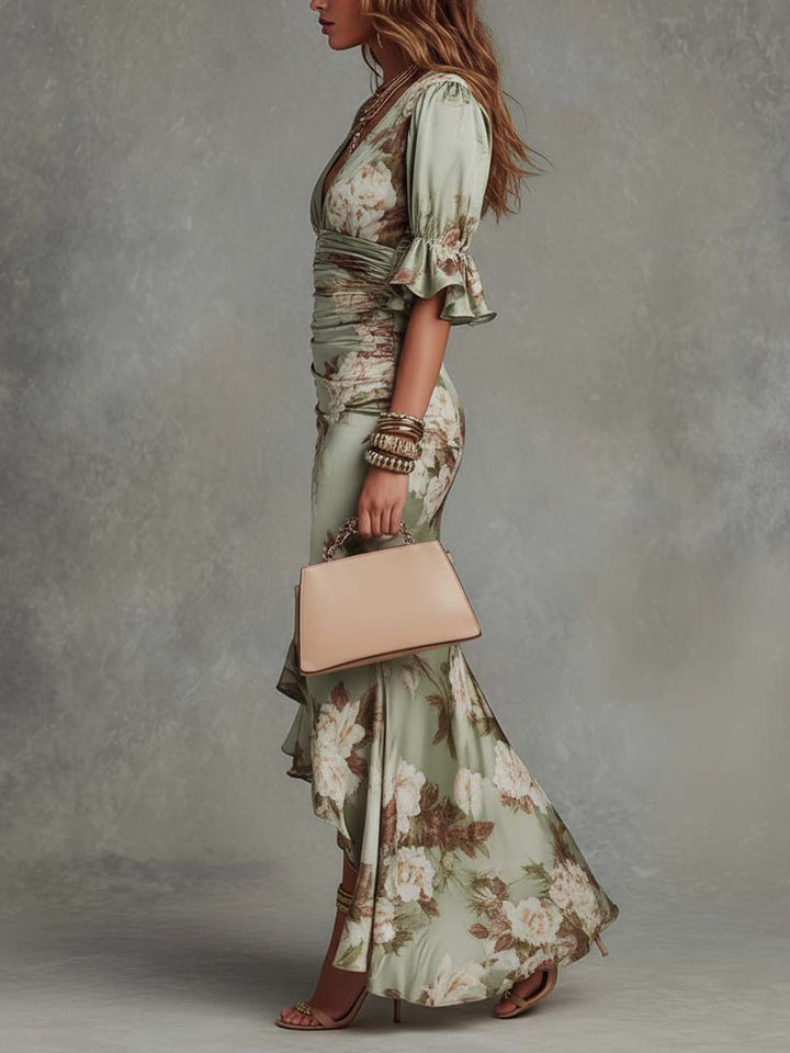 Natalie | Asymmetrical Long Dress In Green Satin With V-neck