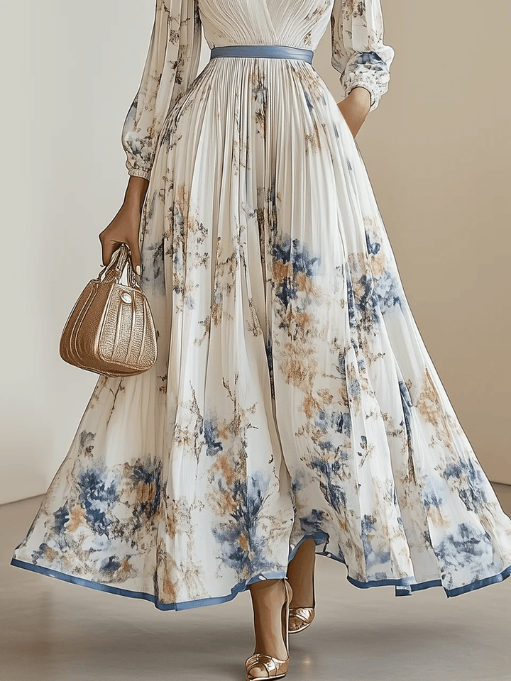 Monika | White Floral Maxi Dress in Chiffon with Balloon Sleeves