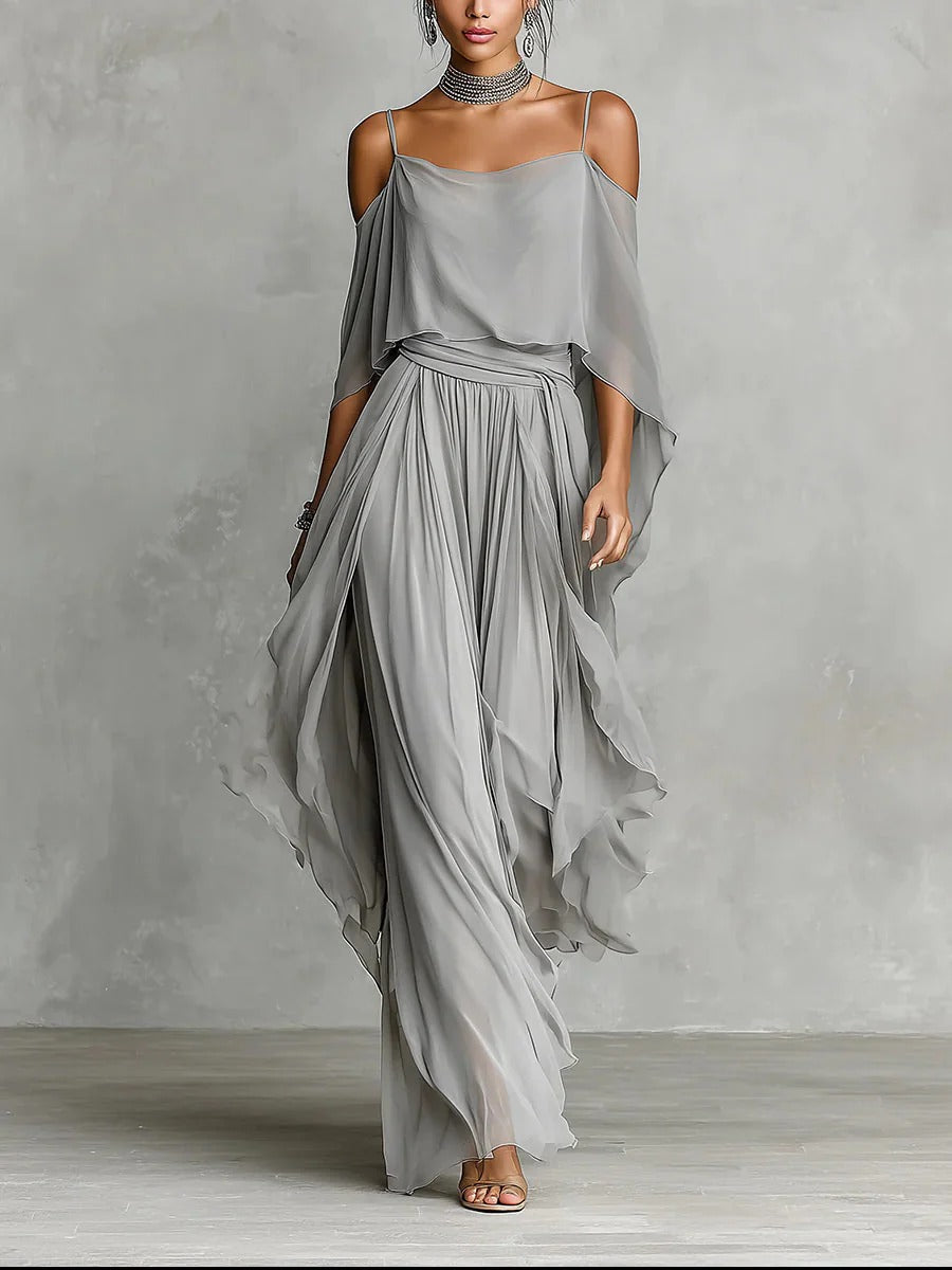 Madison | Gray Fluid Set With Spaghetti Strap Top And Lightweight Pants
